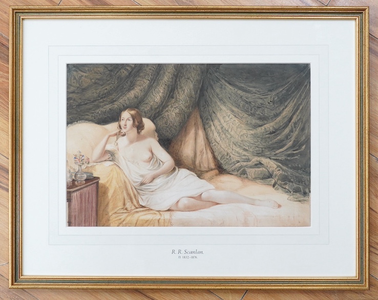 Robert Scanlan (fl. 1832-1876), watercolour, Reclining semi-nude woman, signed and dated 1866, 25 x 38cm. Condition - good
